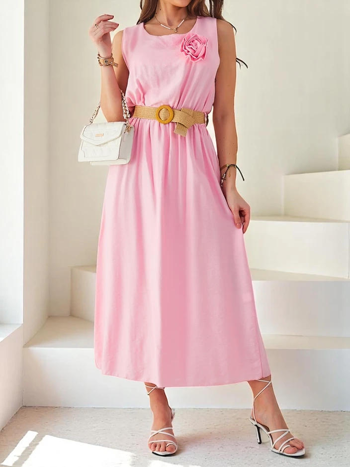 Resti Womens midi dress with straps, featuring a round neckline with a decorative flower