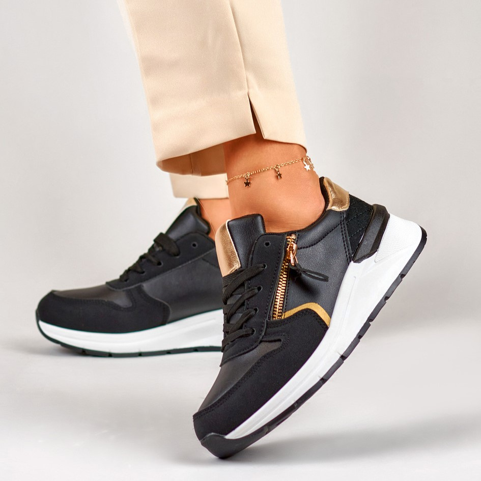 primohurt Czarne buty sportowe damskie ze złotym zamkiem