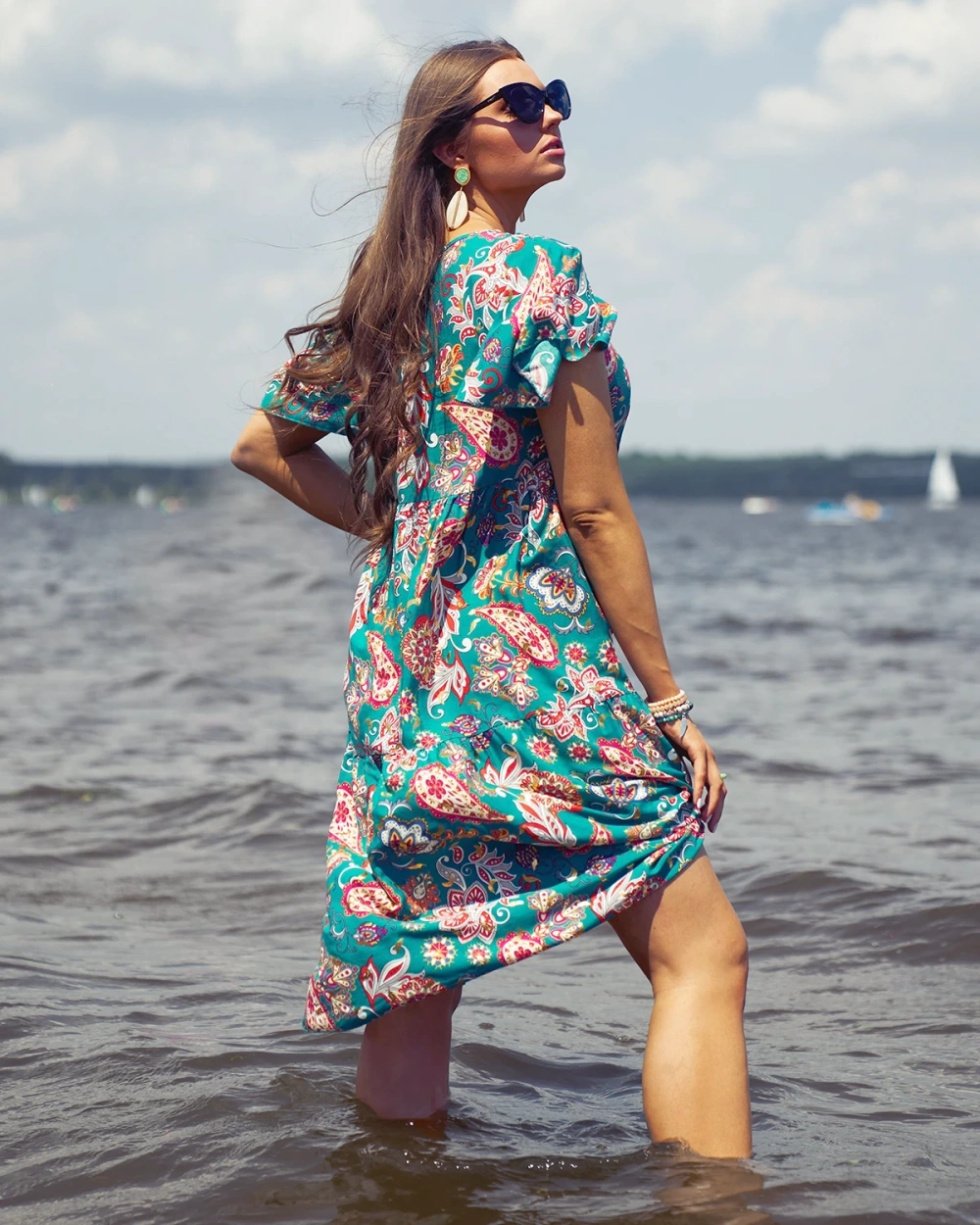 Resti Green women's dress with colorful floral pattern