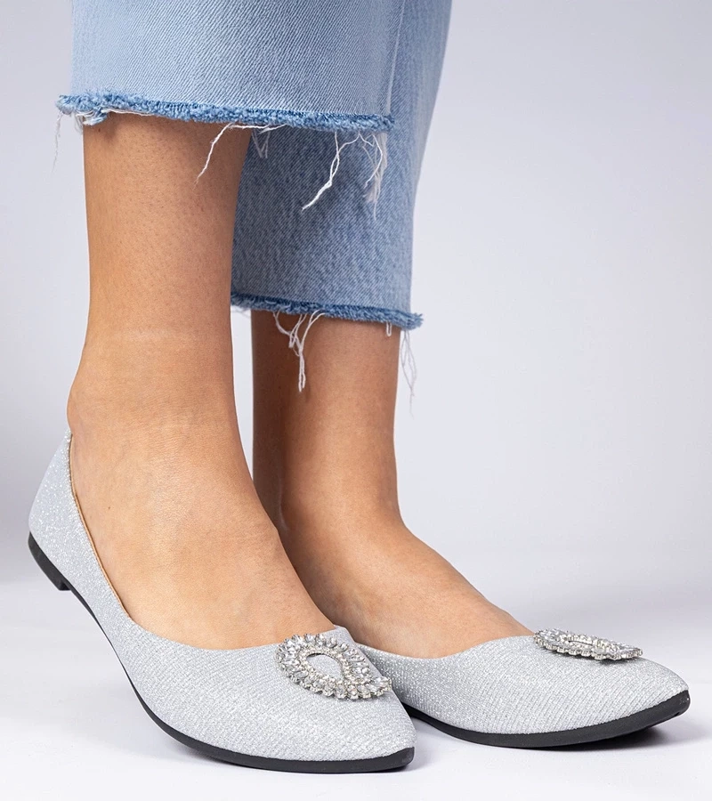 marka niezdefiniowana Silver glitter ballet flats with rhinestones Ellada
