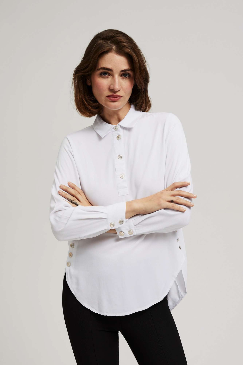 Marisse White Shirt With Decorative Buttons On The Neckline And Sleeves