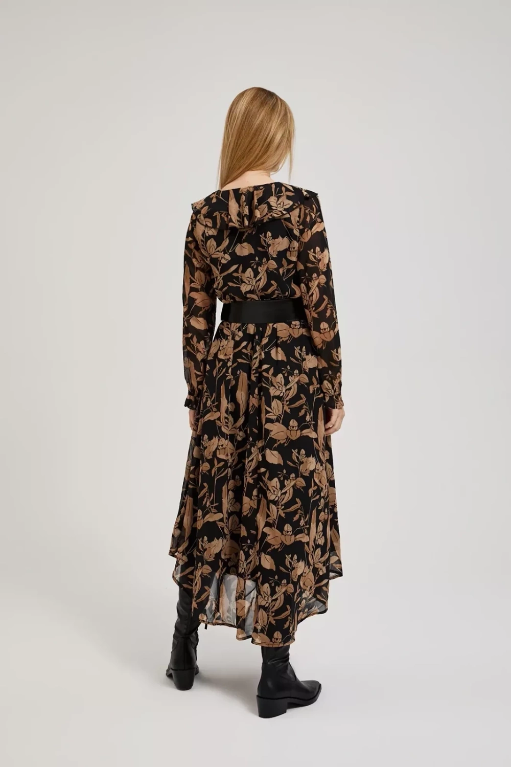 Marisse Black Dress With A Flared Bottom And A Floral Print