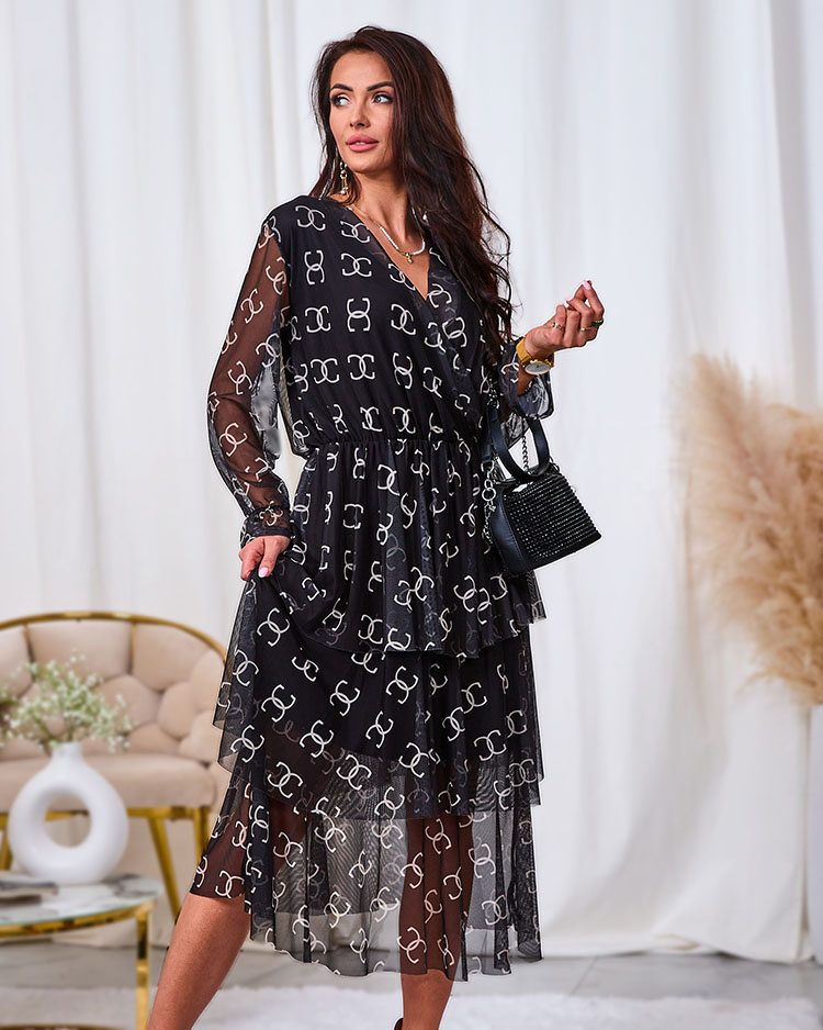 Resti Black mesh midi dress with print