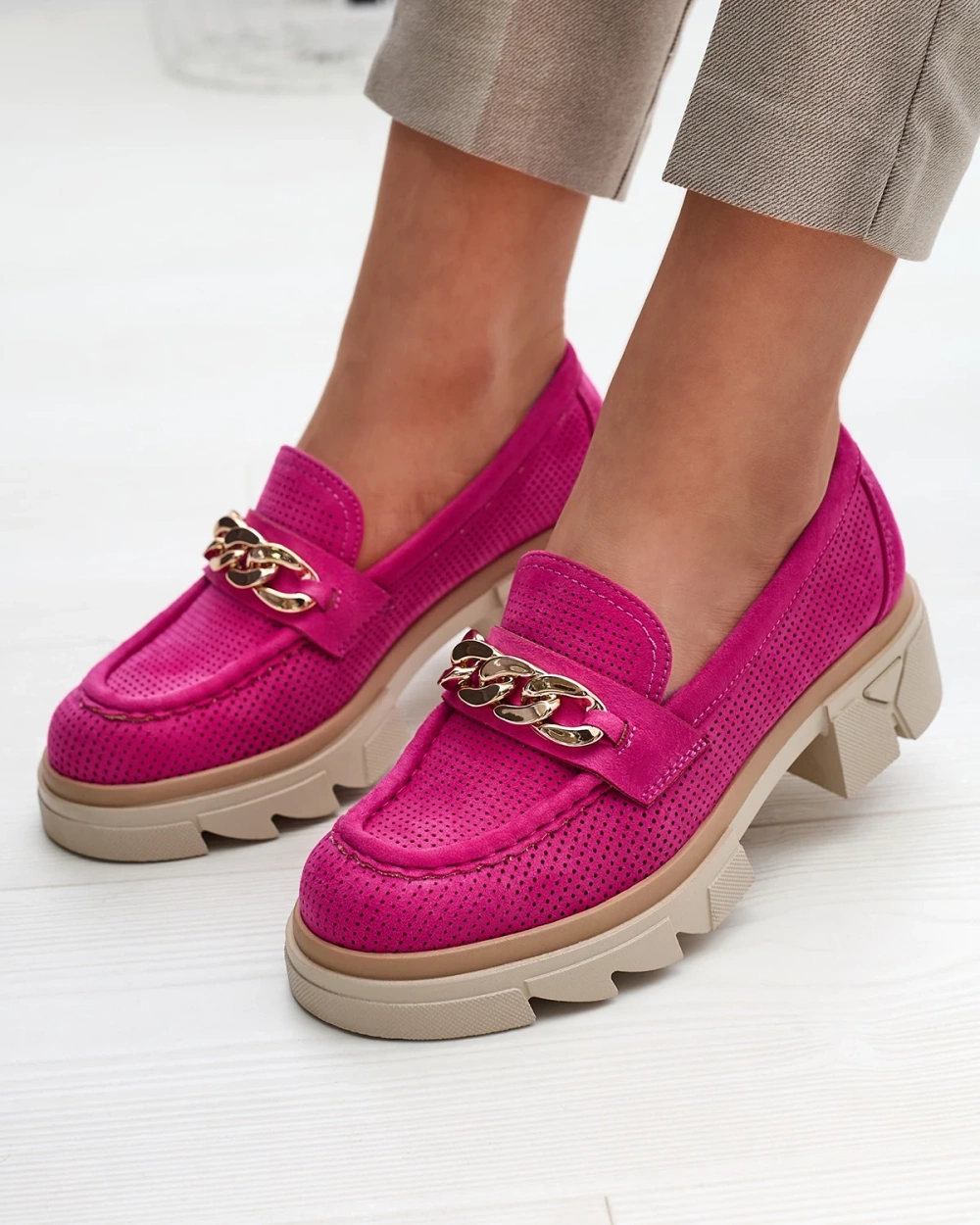 Resti Eco-suede moccasins with gold embellishment in fuchsia Zaffix