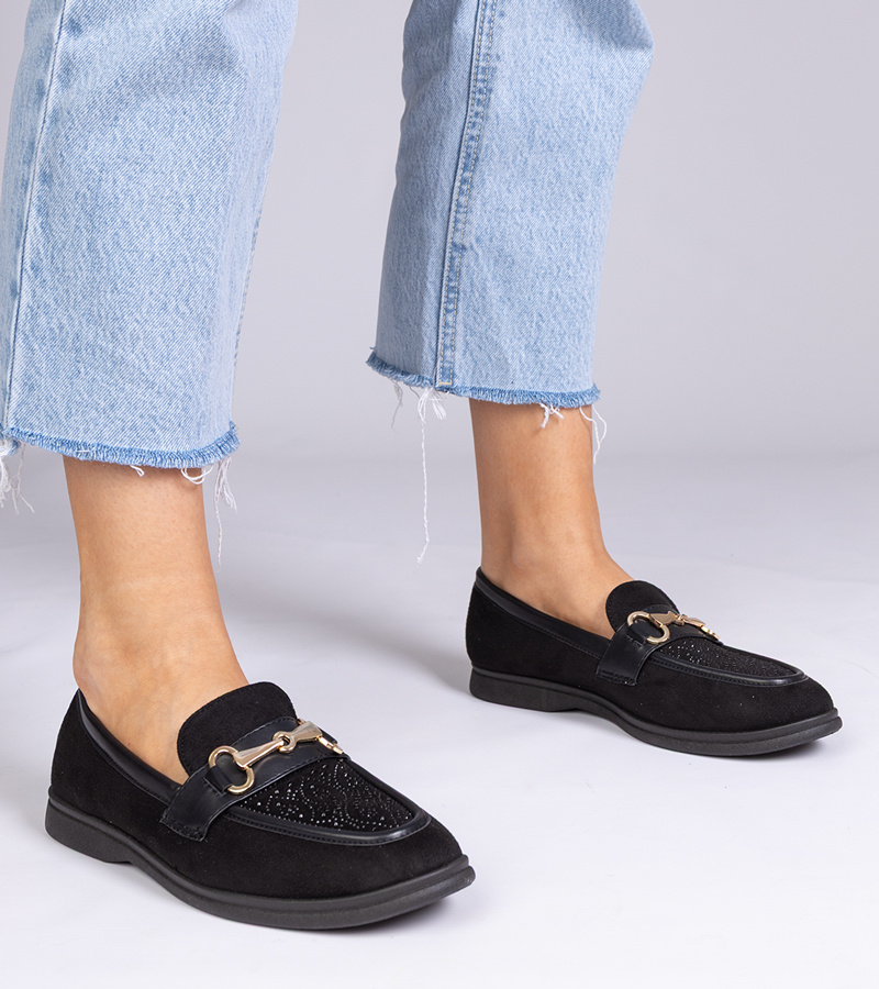 marka niezdefiniowana Black suede loafers with rhinestones Minilla
