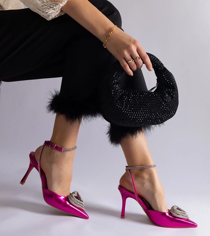 Gemre Pantofi roz cu toc cui cu călcâi decupat decorați cu zirconii Isoda