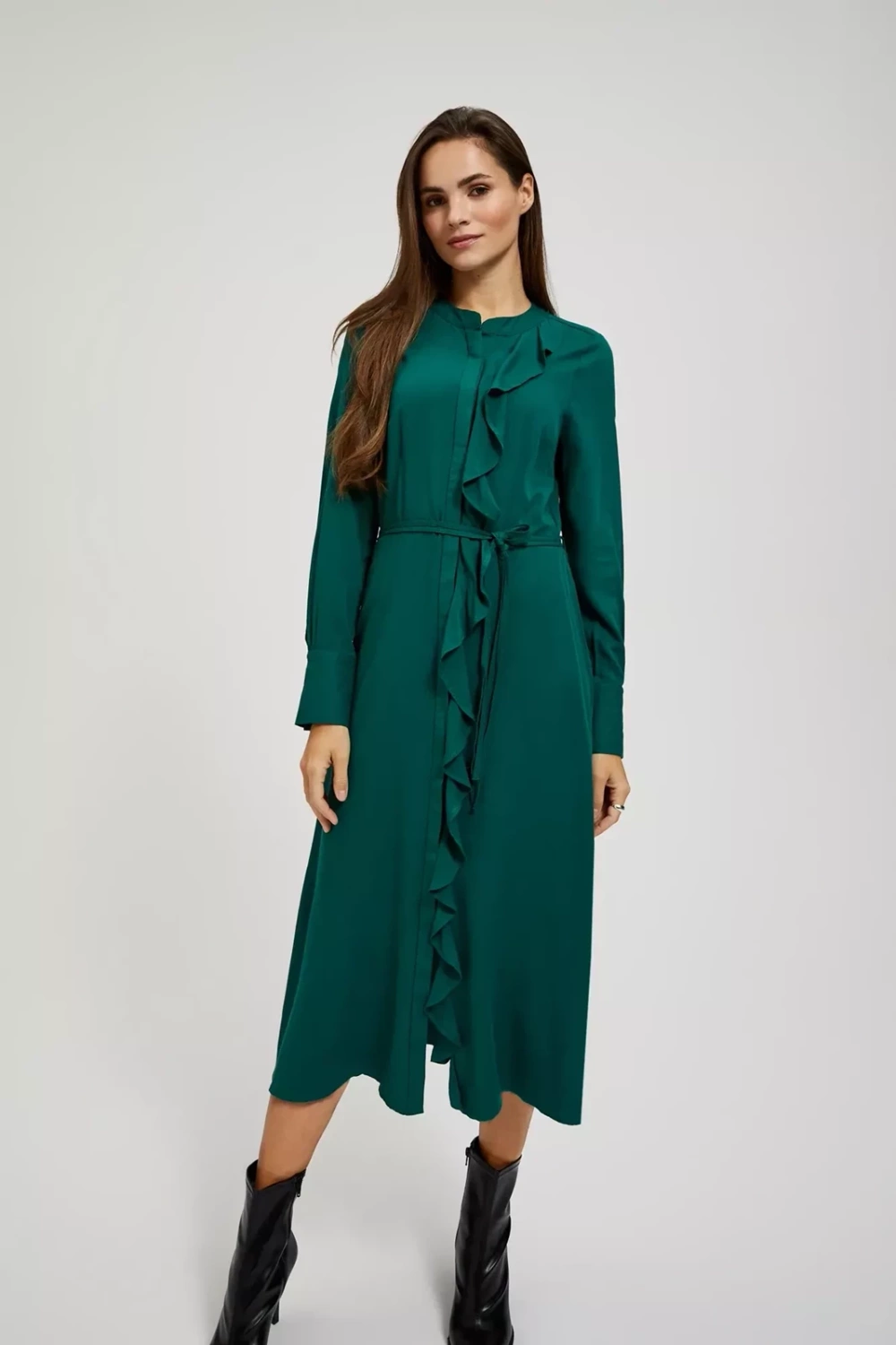 Marisse Emerald Midi Dress With Ruffles