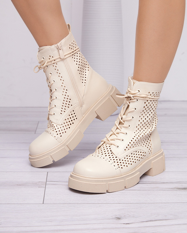Resti Openwork beige women&#039;s boots with flat heels Rolika - Footwear