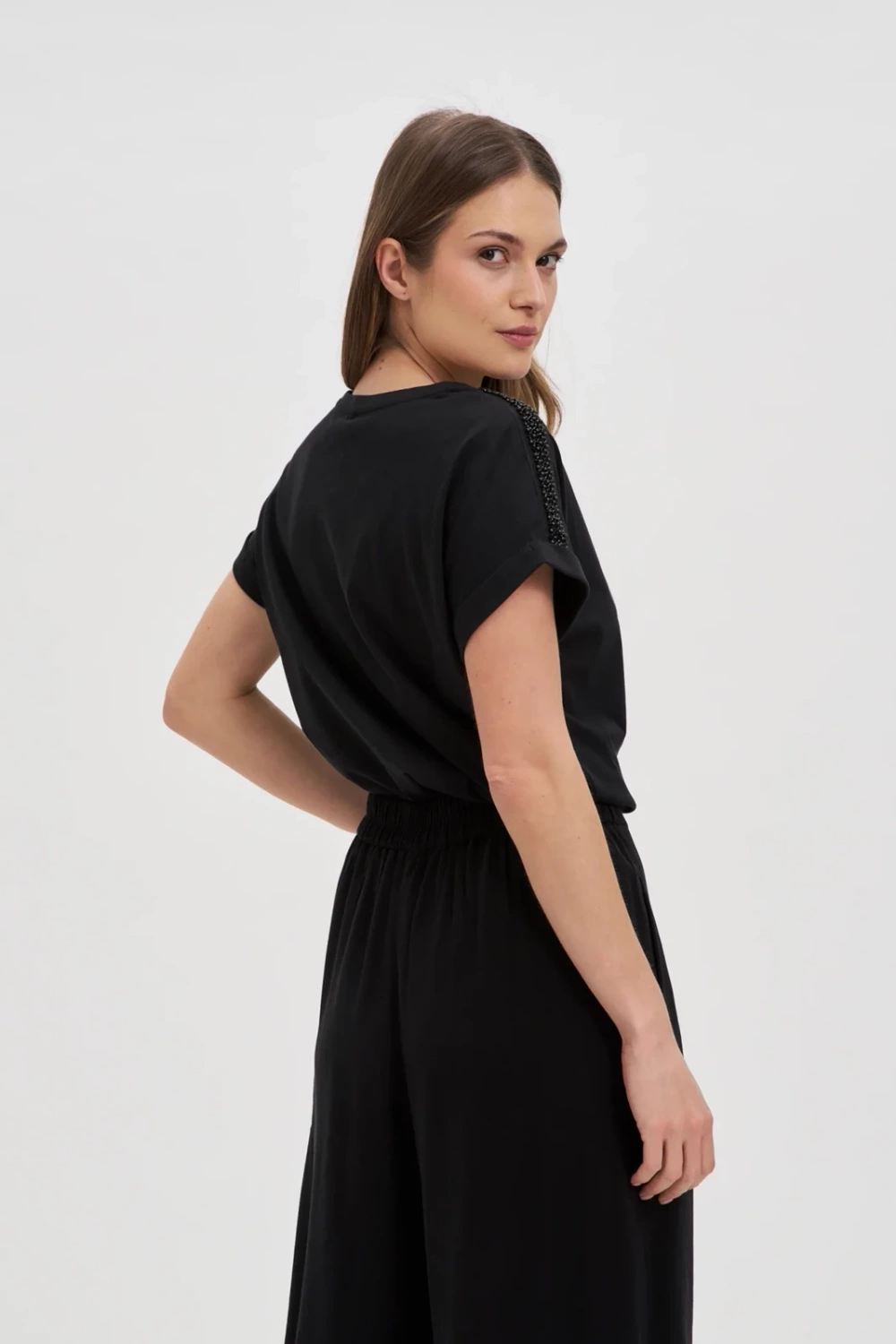 Marisse Cotton T-Shirt Decorated With Beads, Black