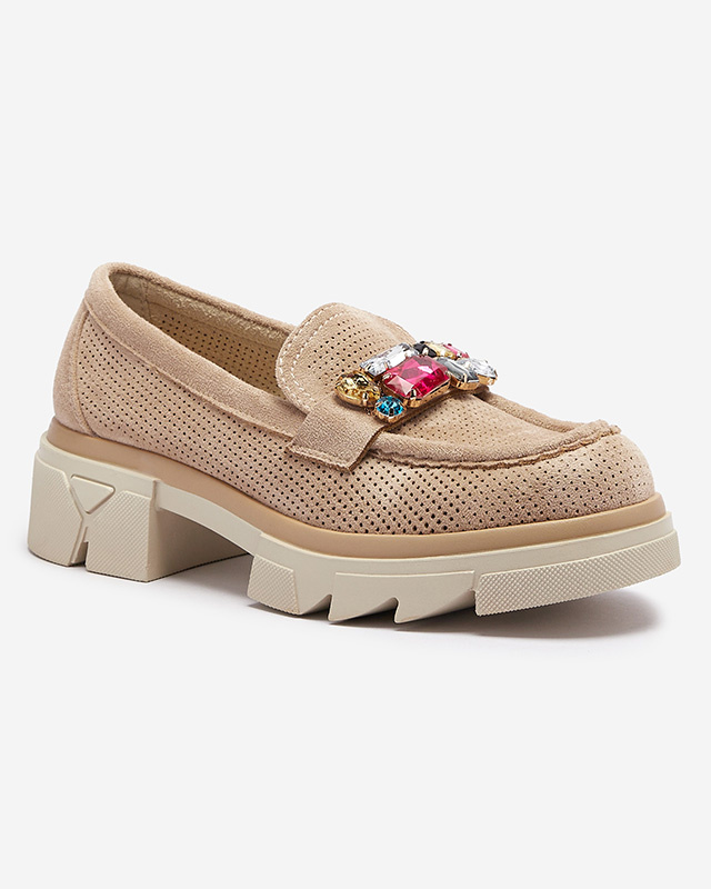 Resti Light brown openwork women&#039;s moccasins with ornament Bokkso- Footwear