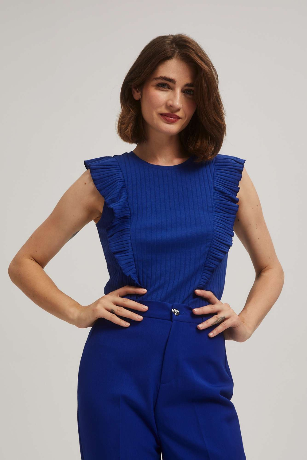 Marisse Blue Ribbed Blouse With Ruffles