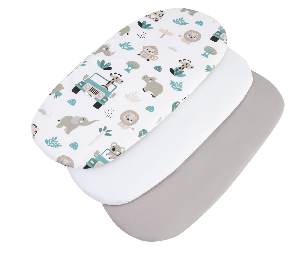 Medi Partners 3 – Pak – Fitted sheet for stroller – cotton – Mint Zoo – White – Gray