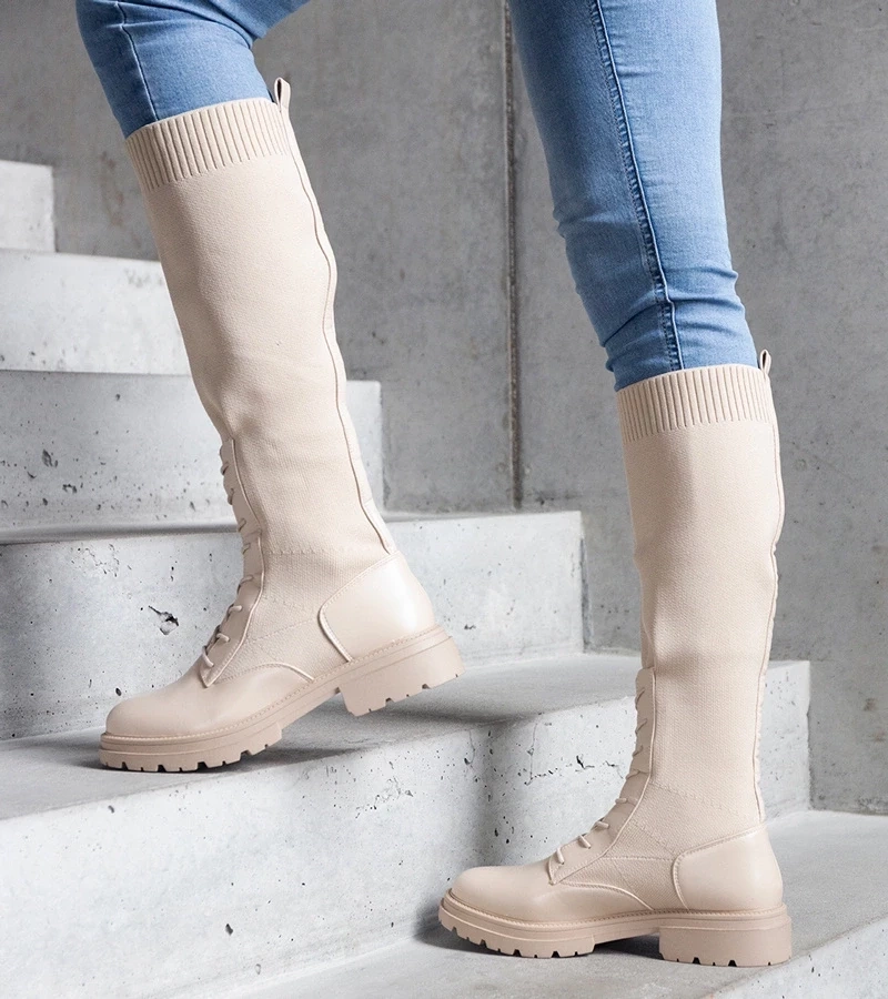 Gemre Cizme bej, cu elastic, din material, model Luana.