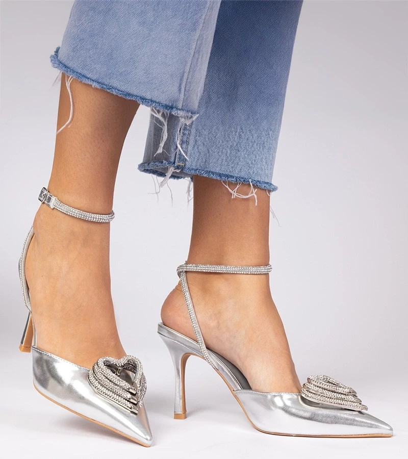 Gemre Pantofi cu toc argintii cu vârf deschis decorați cu zirconii Isoda