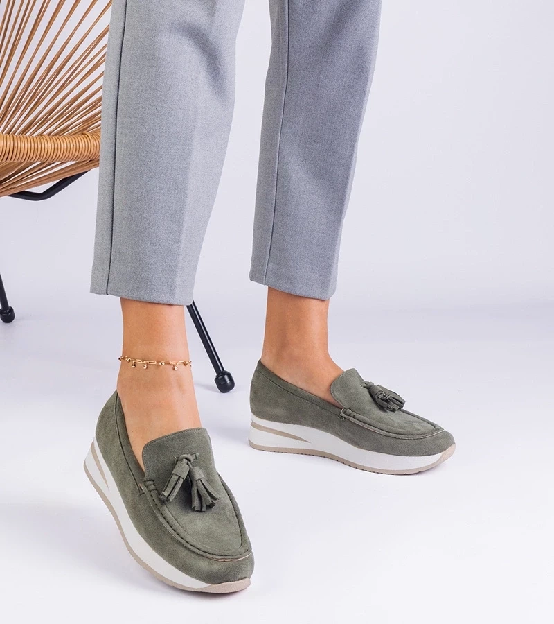 Gemre Pantofi verzi pentru femei, tip mocasini, pe platformă, cu ornamente Selerina