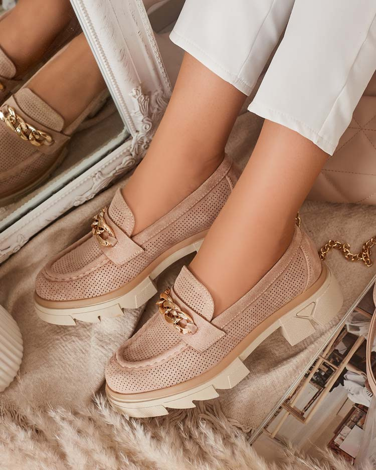 Resti Eco-suede moccasins with gold decoration in light brown Zaffix- Footwear