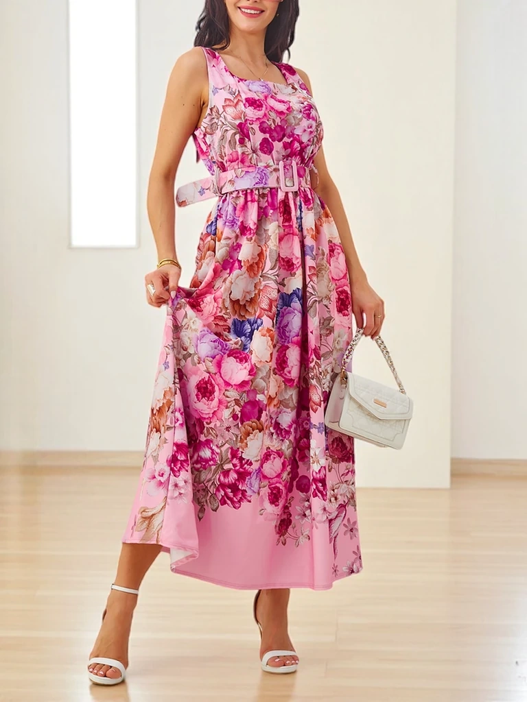 Resti Women's midi dress with straps, featuring a belt in various floral patterns
