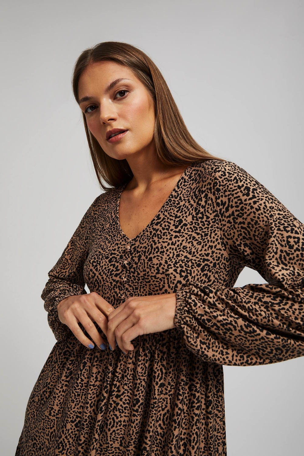 Marisse Patterned, Knee-Length, Ruffled Dress In Dark Beige