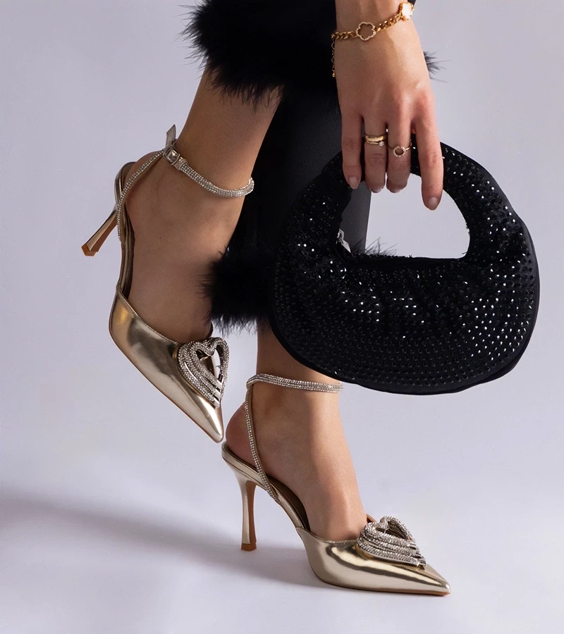 Gemre Pantofi aurii cu toc cui, cu călcâi decupat, decorați cu zirconii Isoda