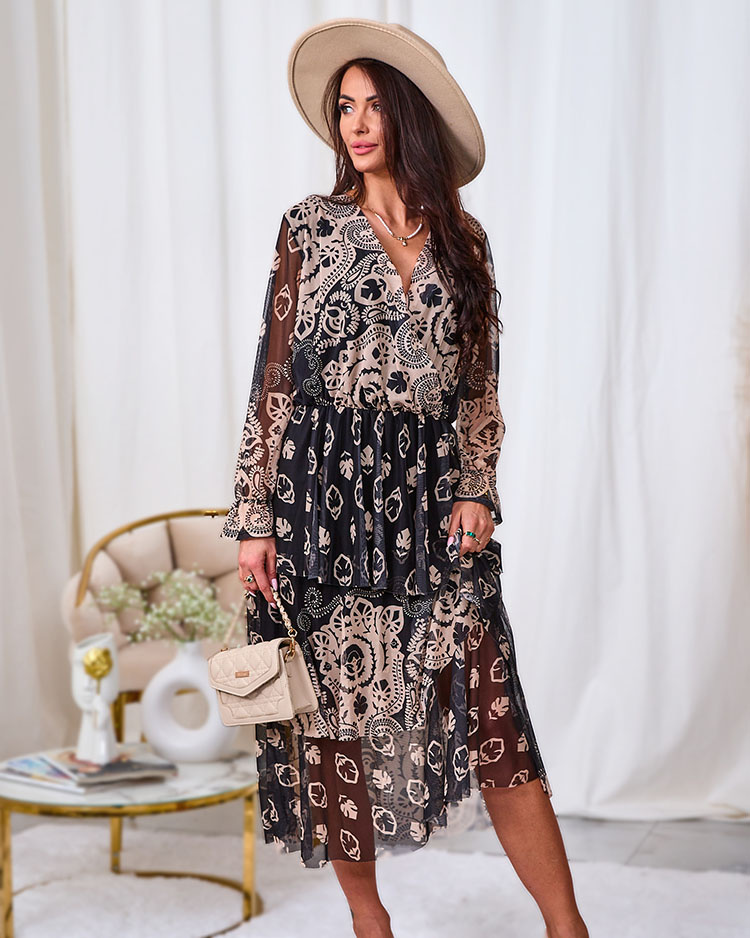 Resti Black and beige mesh midi dress with print