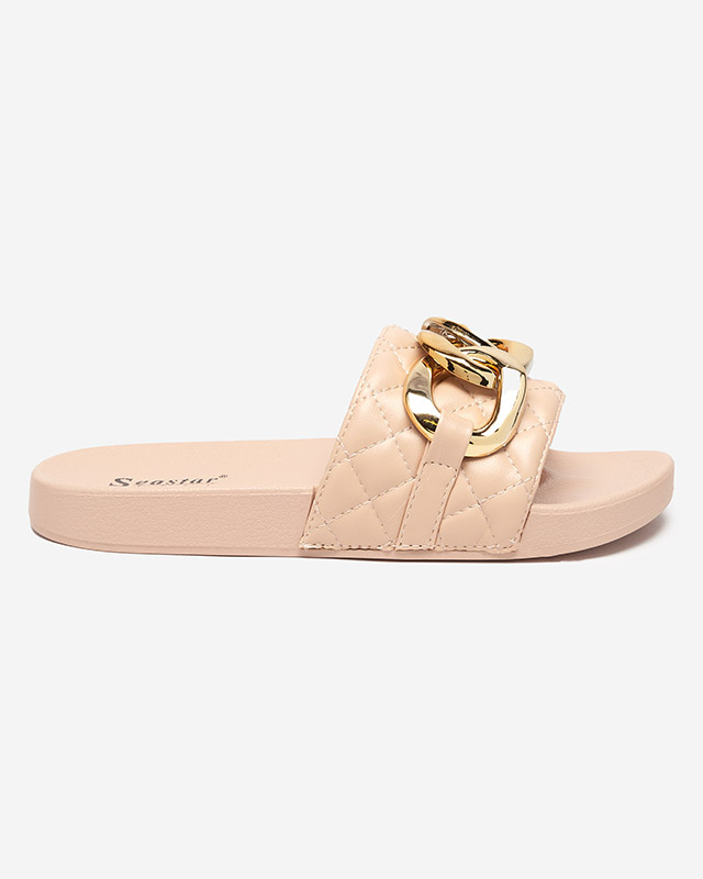 Resti Royalfashion Beige women's quilted flip-flops with gold chain Eteris
