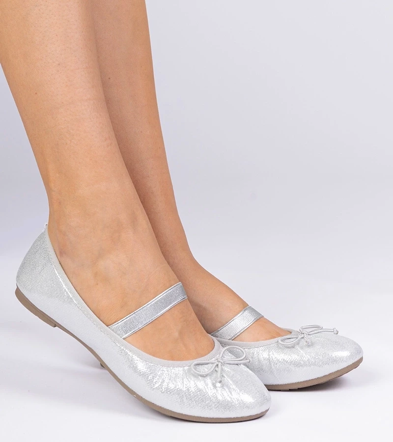 marka niezdefiniowana Silver women's ballet flats with bow on elastic Lerona
