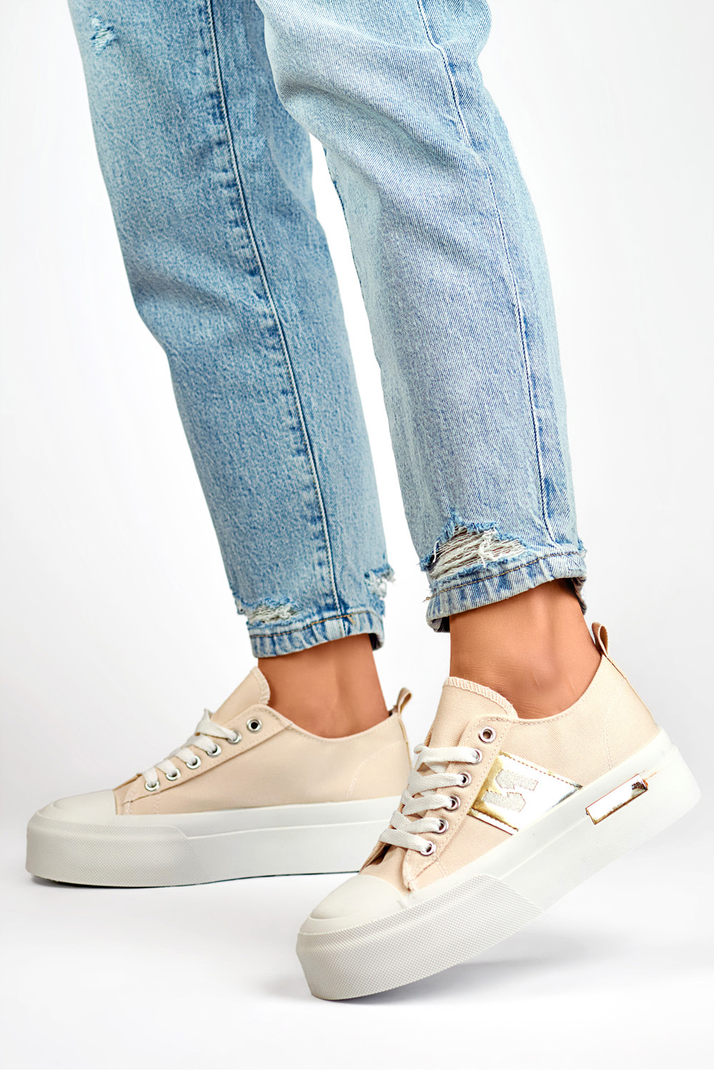 primohurt Beżowe modne trampki damskie na grubej podeszwie platformie