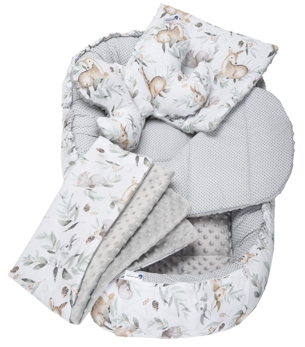 Medi Partners Cocoon in a 5-piece set (cocoon / insert / butterfly pillow / flat pillow / quilt 75x55) – Deer in leaves + gray Minky