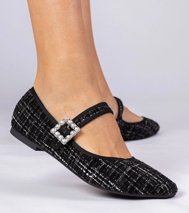 marka niezdefiniowana Black women's ballet flats with buckle and crystals Piona