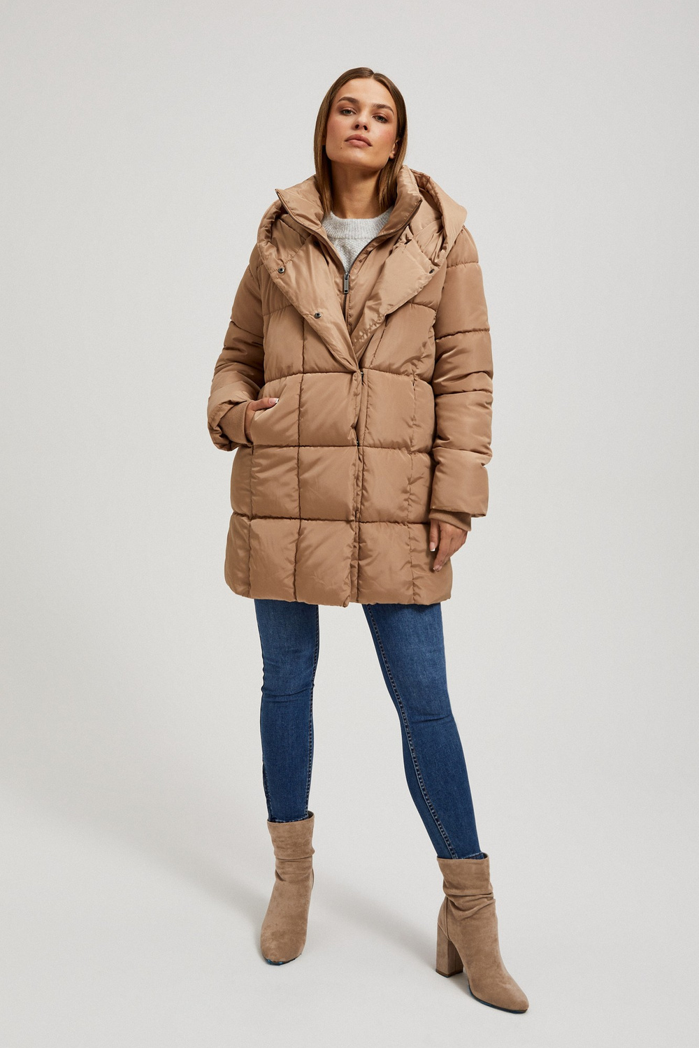 Marisse Quilted Jacket With Hood, Dark Beige