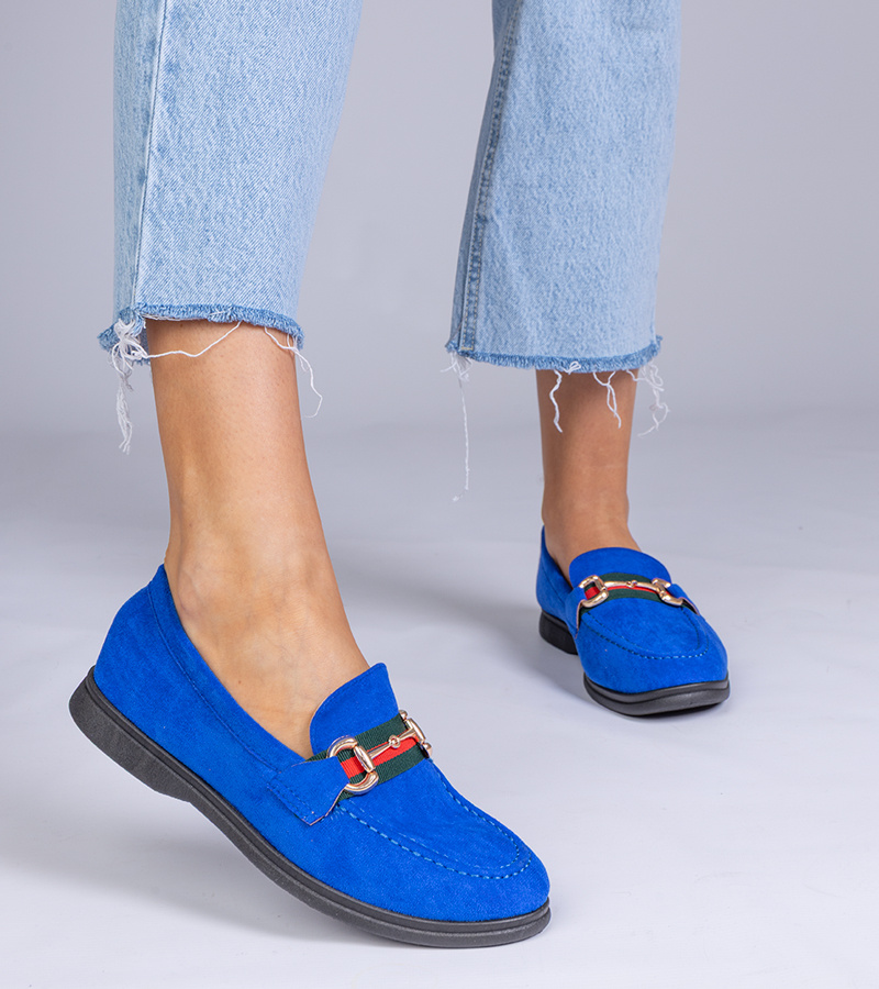 Gemre Mocasini albaștri din piele ecologică întoarsă cu ornament auriu Daliana