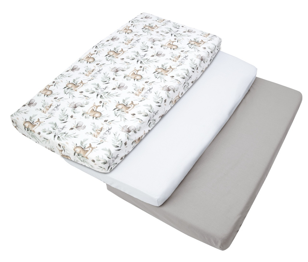 Medi Partners 3 – Pak – Fitted sheet for bed 120x60 – cotton – Deer in leaves – White – Gray