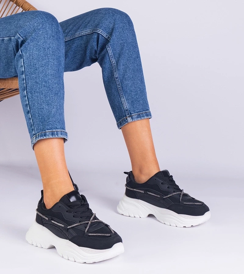 Gemre Adidași negri de damă decorați cu șnur cu zirconiu Masala