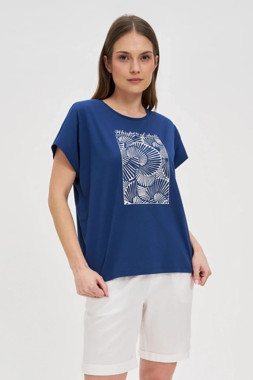 Marisse Navy Blue Cotton Blouse With Print