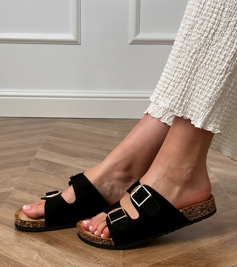 Gemre Papuci negri cu catarame pe talpă de plută Cloud