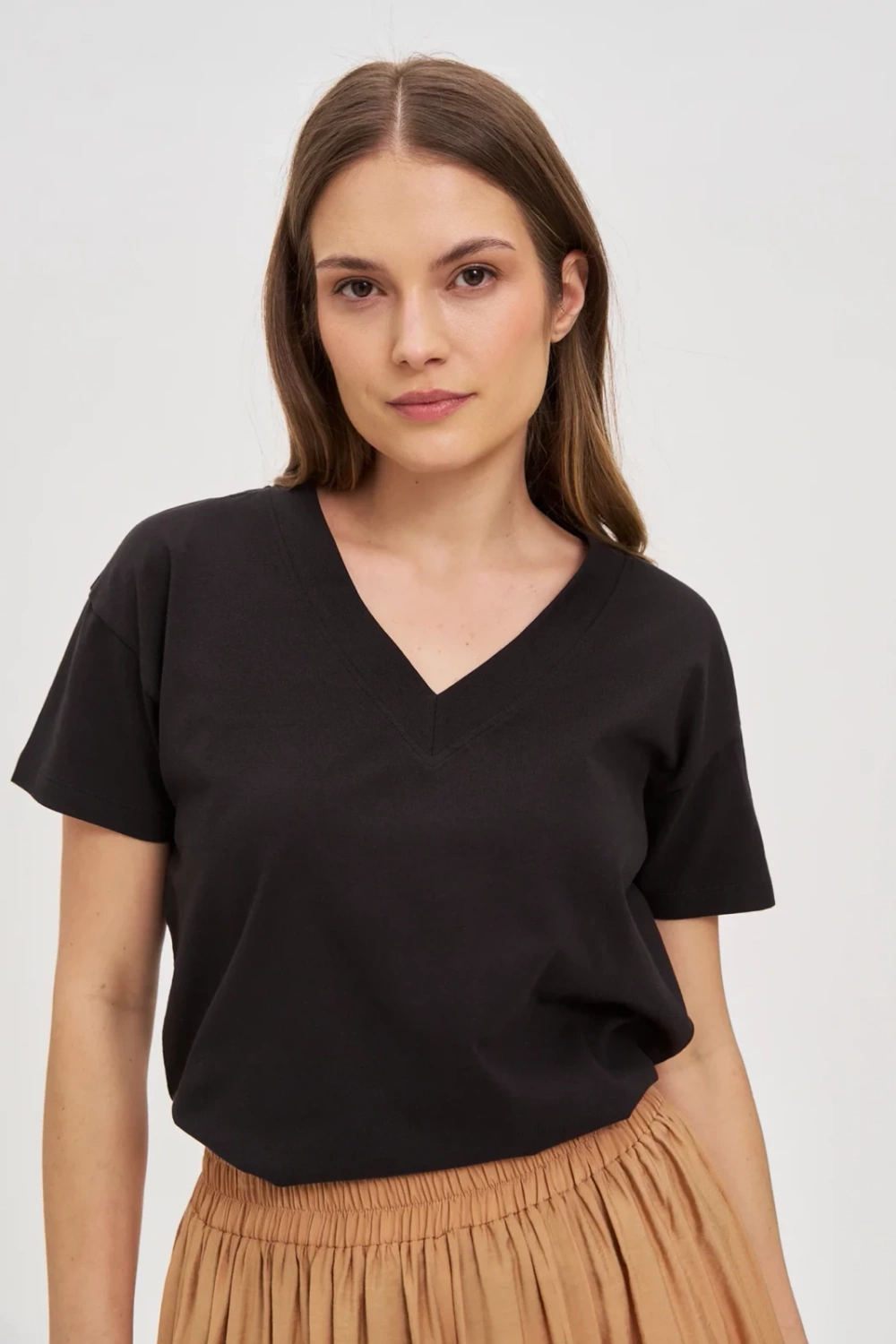 Marisse Black Cotton V-Neck T-Shirt