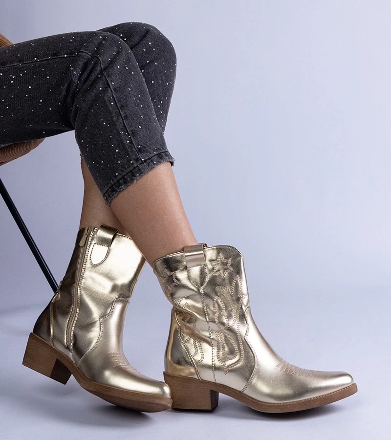 Gemre Botine de damă aurii cowboy cu toc gros peste gleznă metalice Madeira