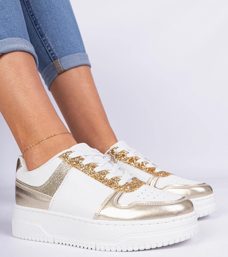 Gemre Adidași aurii de damă cu talpă groasă decorați cu sclipici Dolla