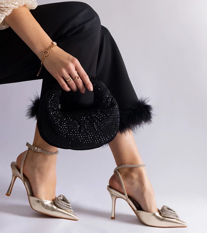 Gemre Pantofi aurii cu toc cui, cu călcâi decupat, decorați cu zirconii Isoda