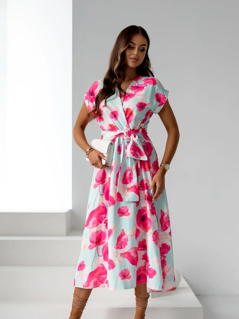 Resti Women's midi dress with short sleeves, wrap neckline in spring flowers