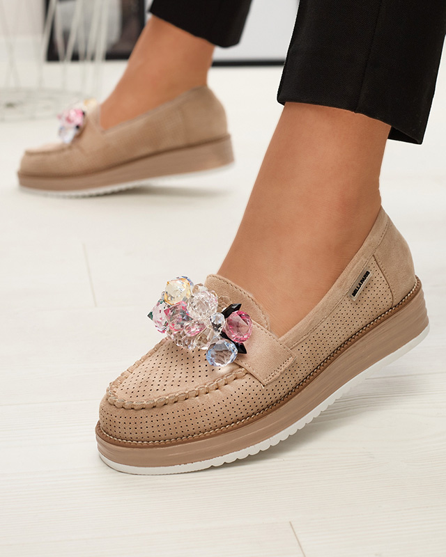 Resti Light brown women&#039;s moccasins with decorative crystals Liscutio- Footwear