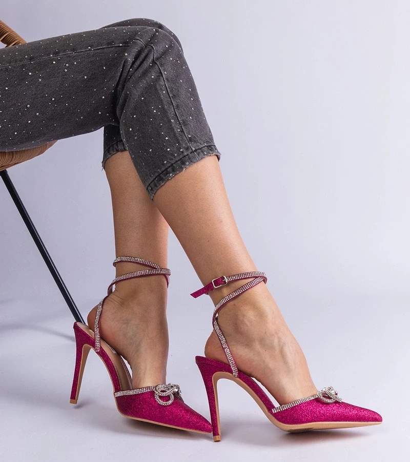 Gemre Pantofi stiletto roz cu sclipici cu fundiță și pietre zirconiu Merkuri