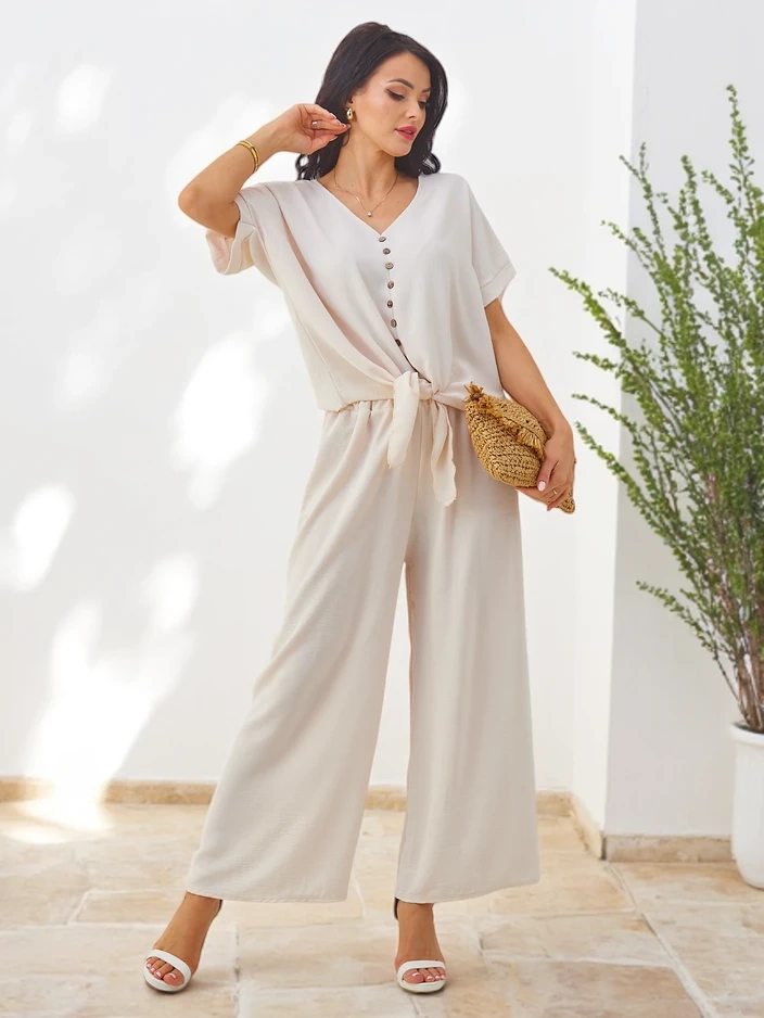 Дамски комплект с блуза и широк панталон