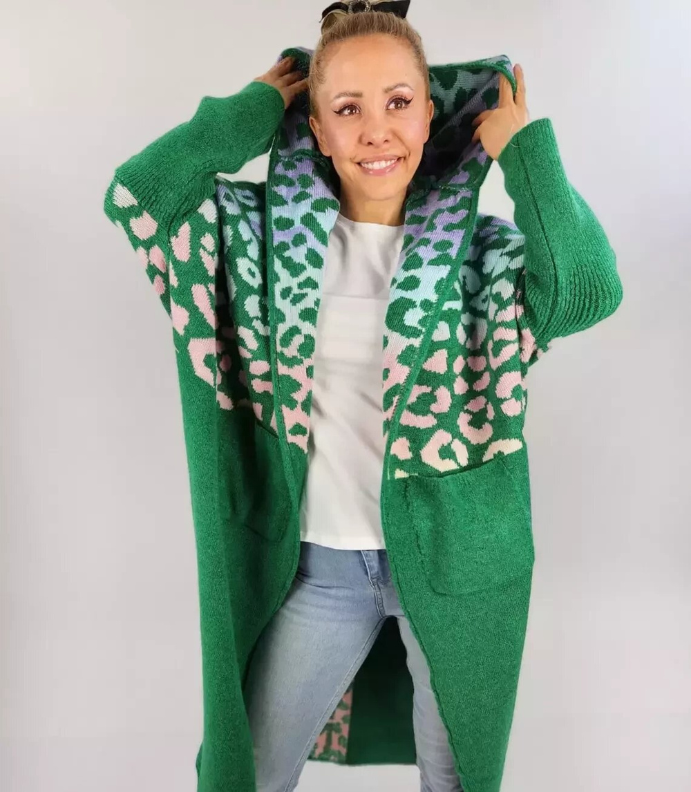 Pri Long cardigan colorful leopard sweater with wool