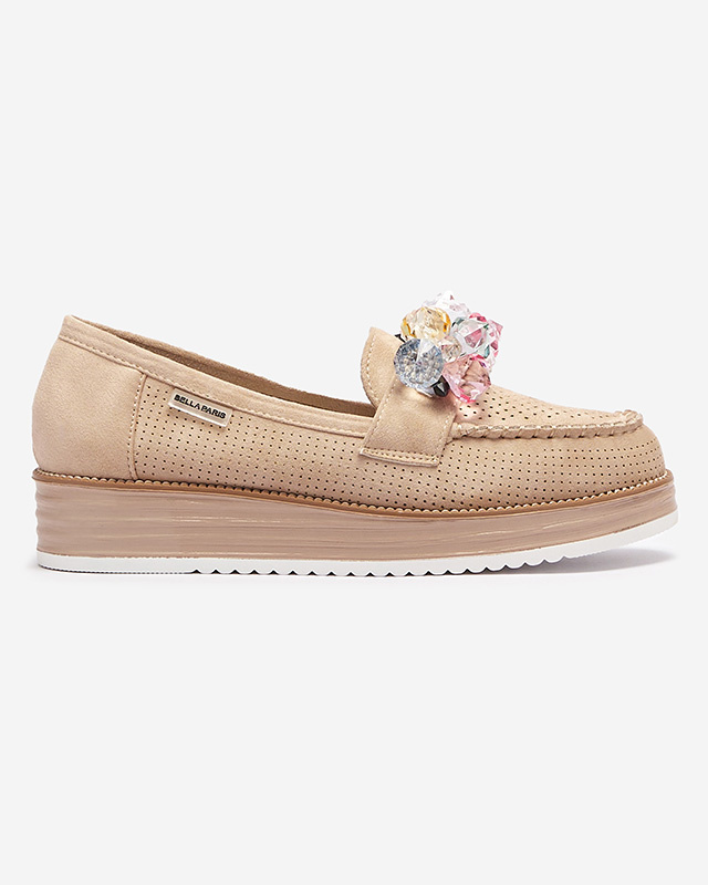 Resti Light brown women&#039;s moccasins with decorative crystals Liscutio- Footwear