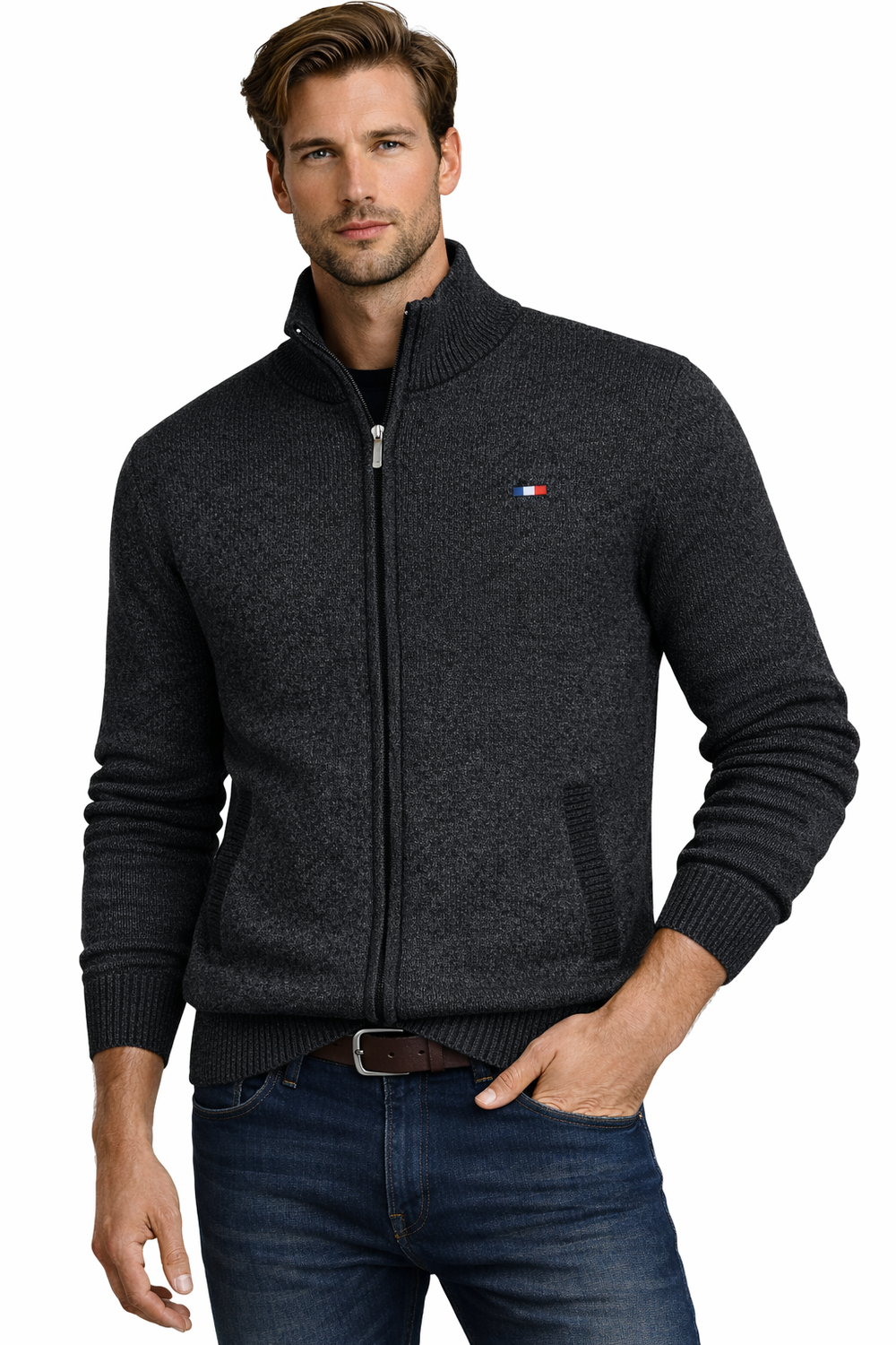 Мъжки пуловер с отворена врата, тъмносив