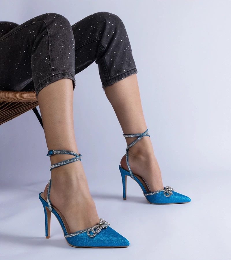 Gemre Pantofi stiletto albaștri cu sclipici cu fundiță și cristale Merkuri