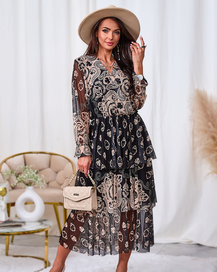 Resti Black and beige mesh midi dress with print