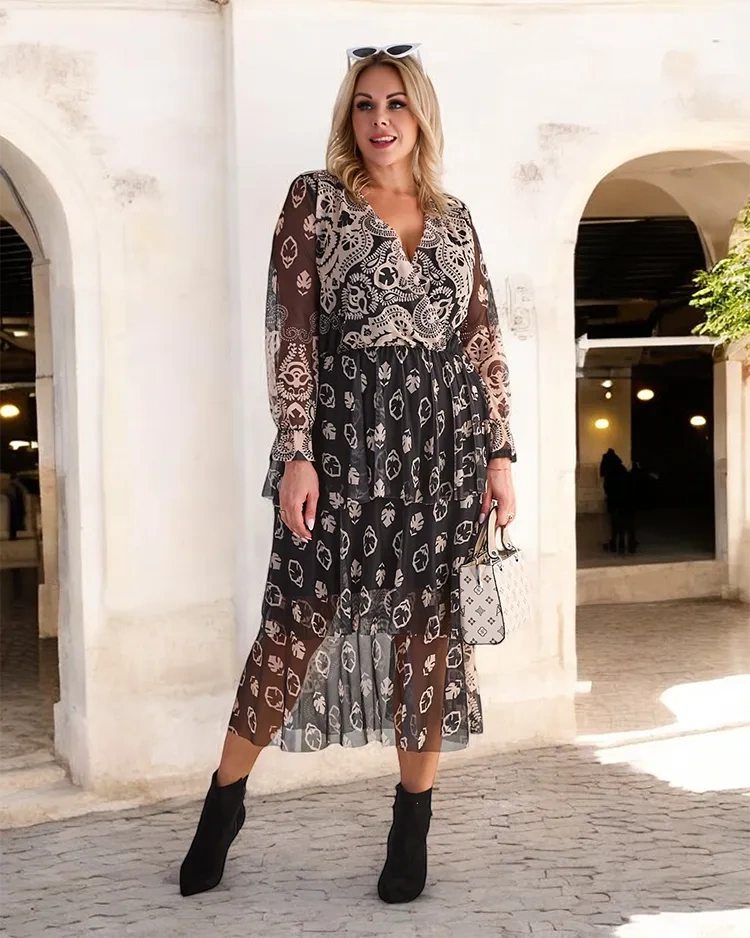 Resti Black and beige mesh midi dress with print