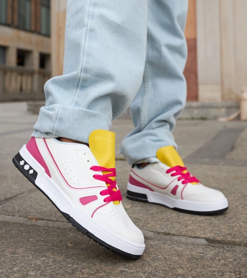 Gemre Sneakersi albi-roz cu limbă galbenă Archie
